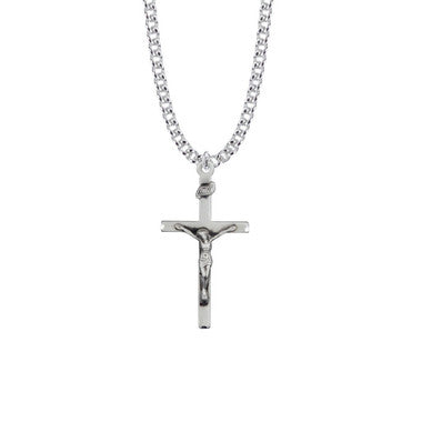 Straight Mens Crucifix Necklace - Sterling Silver Pendant On 24" Stainless Steel Chain (SX7843SH)