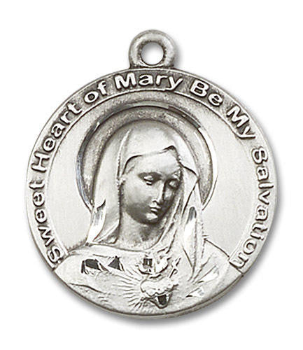 Sweet Heart of Mary Medal - Sterling Silver 1 x 7/8 Round Pendant 5625SS