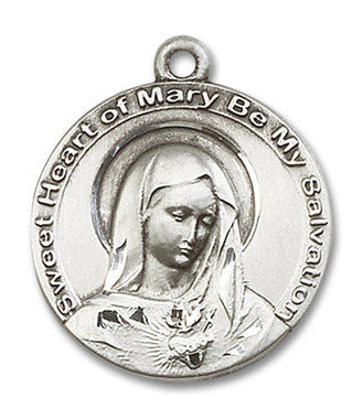 Sweet Heart of Mary Medal - Sterling Silver 1" x 7/8" Round Pendant (5625SS)