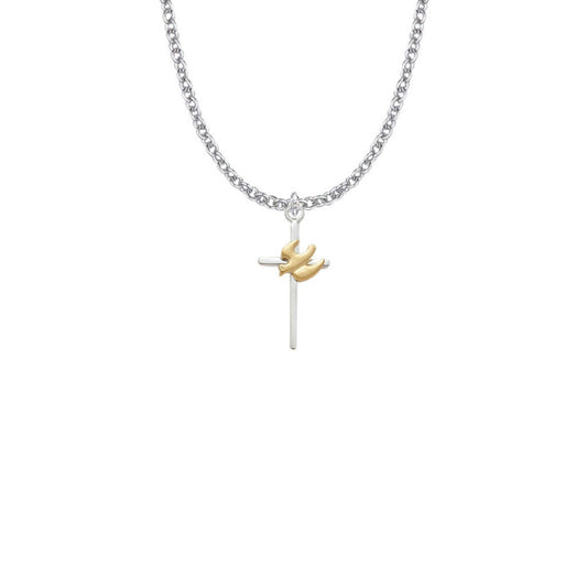 Two-Tone Dove On Cross Necklace - Gold Plated Over Sterling Silver Pendant On 18 Stainless Chain SX7971SH