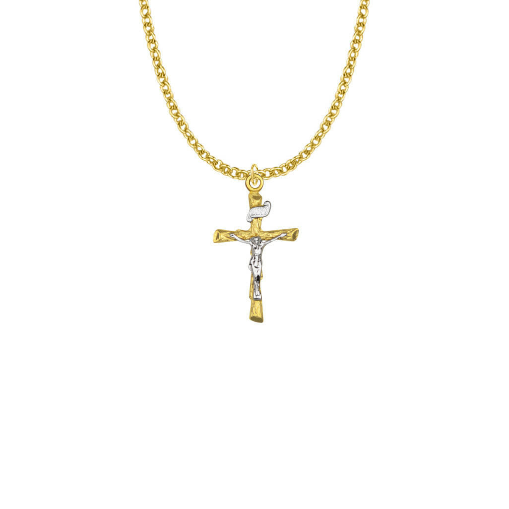 Two-Tone Log Crucifix Necklace - 14KT Gold Over Sterling Silver Pendant On 18 Gold Plated Chain SX7996VH