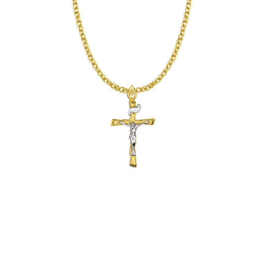 Two-Tone Log Crucifix Necklace - 14KT Gold Over Sterling Silver Pendant On 18 Gold Plated Chain SX7996VH