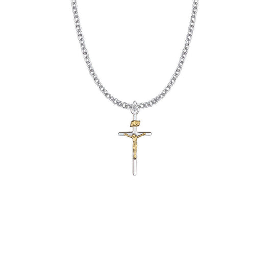 Two-Tone Stick Crucifix Necklace - Sterling Silver Pendant On 18 Stainless Steel Chain SX7977SH