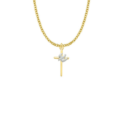 Two-Tone Stick Dove Cross Necklace - Gold-Filled Pendant On 18 Gold-Plated Chain SX7971GH