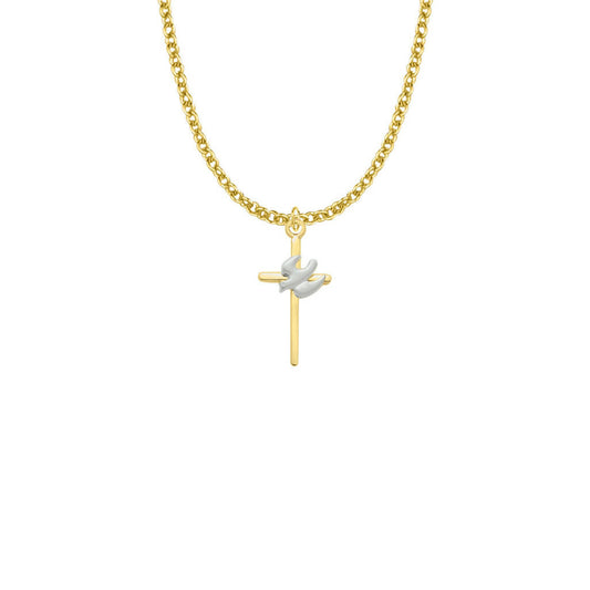 Two-Tone Stick Dove Cross Necklace - Gold-Filled Pendant On 18 Gold-Plated Chain SX7971GH