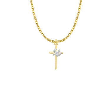 Two-Tone Stick Dove Cross Necklace - Gold-Filled Pendant On 18" Gold-Plated Chain (SX7971GH)