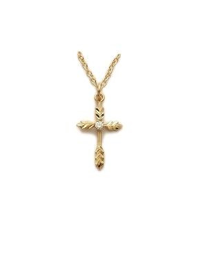 Wheat Cubic Zirconium Cross Necklace - 24KT Gold Over Sterling Silver Pendant on 18 Gold Plated Chain SX8133VH