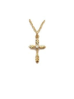 Wheat Cubic Zirconium Cross Necklace - 24KT Gold Over Sterling Silver Pendant on 18" Gold Plated Chain (SX8133VH)