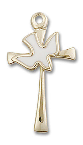 White Inlay Holy Spirit Cross Pendant - 14kt Gold 7/8 x 1/2 5229W