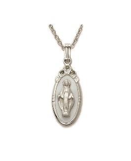 White Ornate Miraculous Medal Necklace - Sterling Silver Pendant on 18" Stainless Chain (SM7869SH)